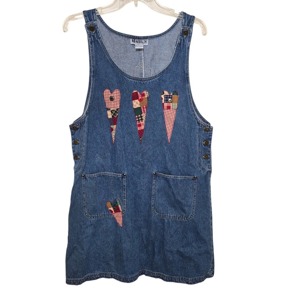 Vintage 1990s Haiks Denim Dress Hearts Applique Embrpidered Teacher Cottagecore